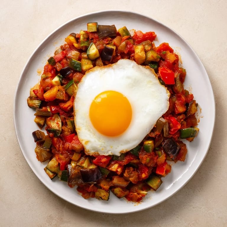 Hearty pisto with a fried egg; a flavorful Spanish vegetable dish perfect for a light supper.