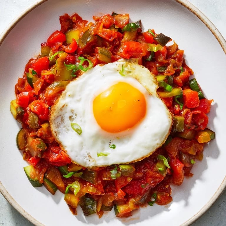 Close-up of a rustic bowl of pisto with a fried egg, showcasing fresh Spanish flavors.