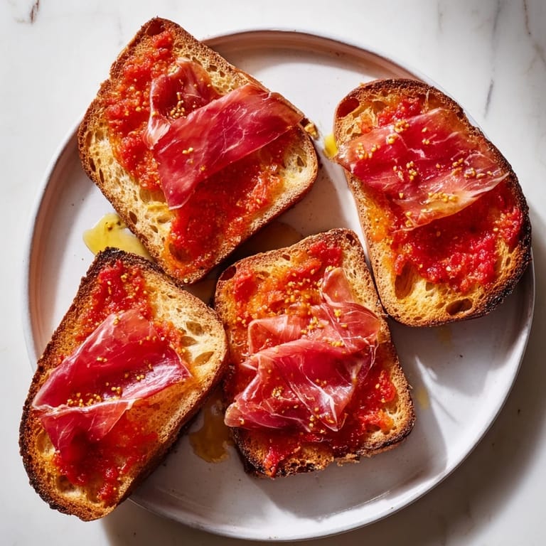 Close up of delicious pan con tomate; rustic bread, jamón, and flavorful olive oil.