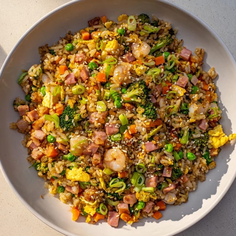 Close-up of savory Leftover Fried Rice with chicken and peas, a delicious weeknight meal.