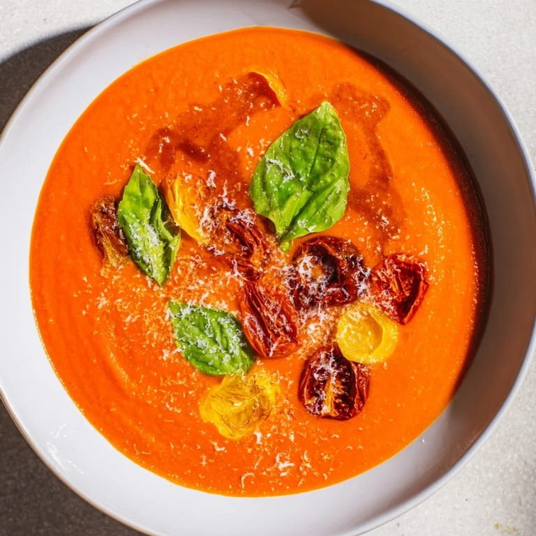 Roasted, vibrant tomatoes transform into delicious Quick Baked-Tomato Soup, served with crusty bread.