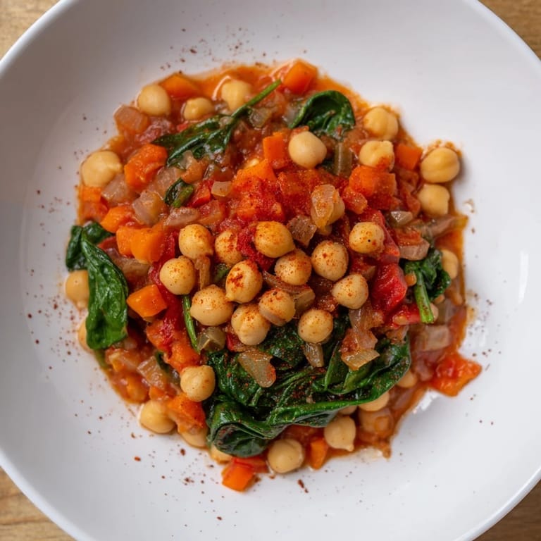 Close-up of a flavorful Chickpea and Spinach Stew, perfect for a cozy, vegetarian dinner.