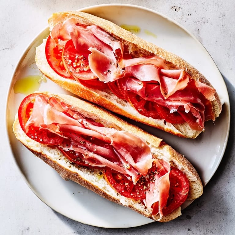 Freshly made Bocadillo Baguette, featuring layers of Spanish-style ham, perfect for a quick lunch.