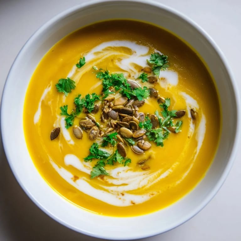 This velvety Creamy Pumpkin & Curry Winter Soup features a swirl of coconut milk, perfect for a cozy dinner.