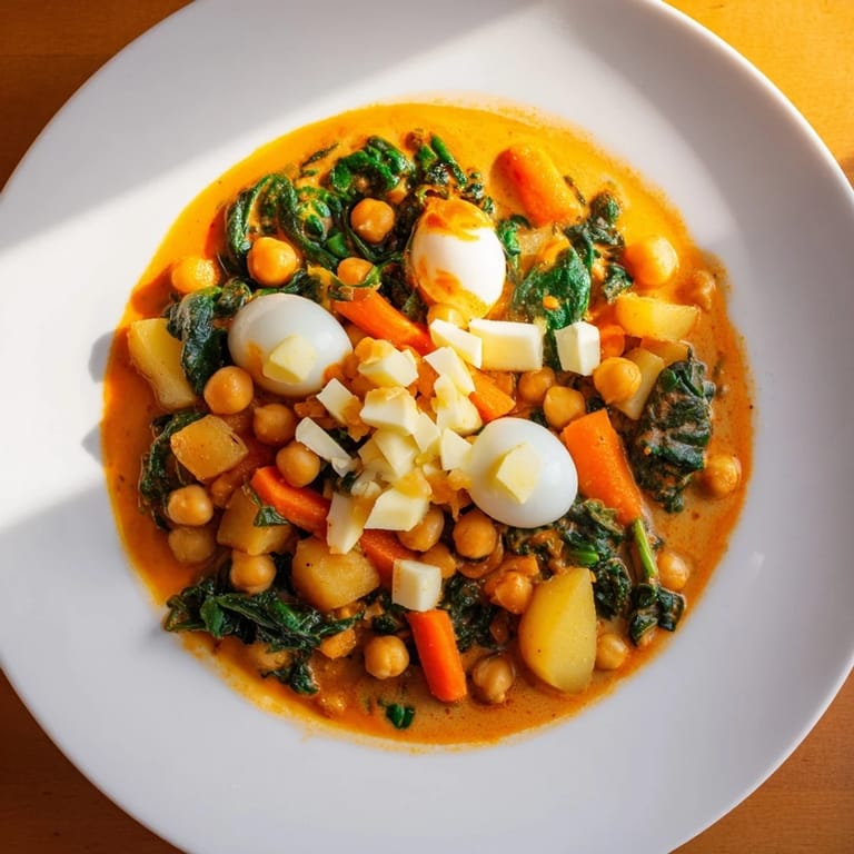 Imagine a rustic bowl; the Creamy Garbanzos with Spinach Stew is a hearty, flavorful dish with delicious spices.