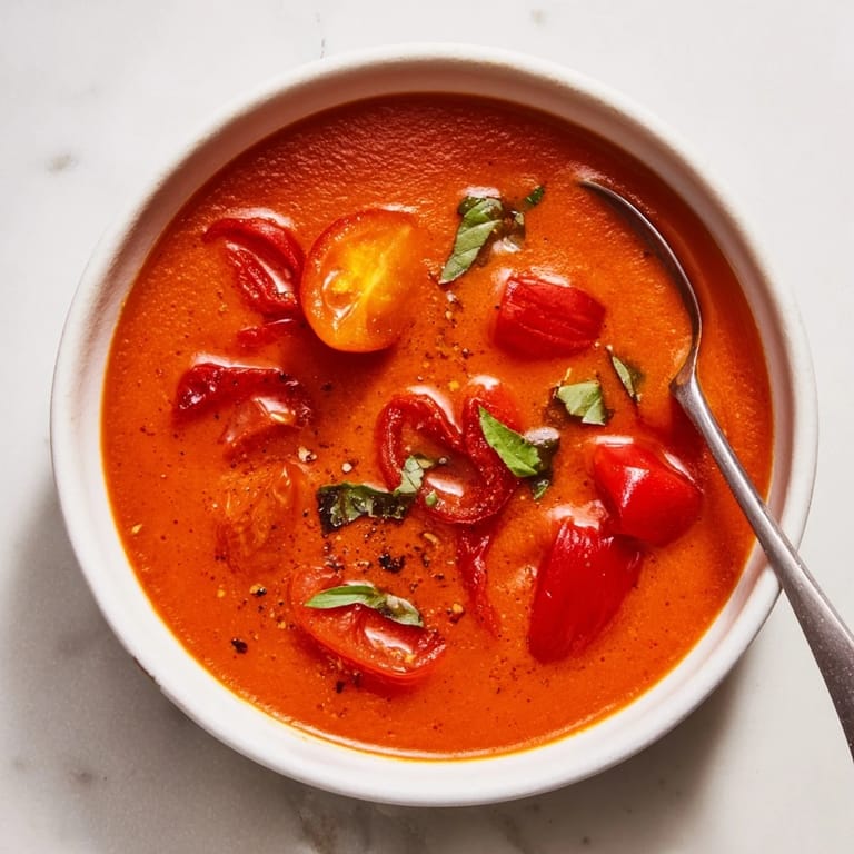 Roasted red peppers and tomatoes transform into a smooth, flavorful Viral Red Pepper and Tomato Soup.