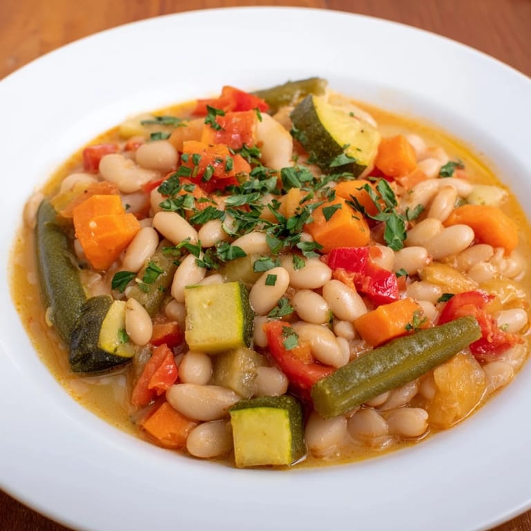 A steaming bowl of Healthy Bean Stew with Vegetables, garnished with fresh parsley, ready to eat.