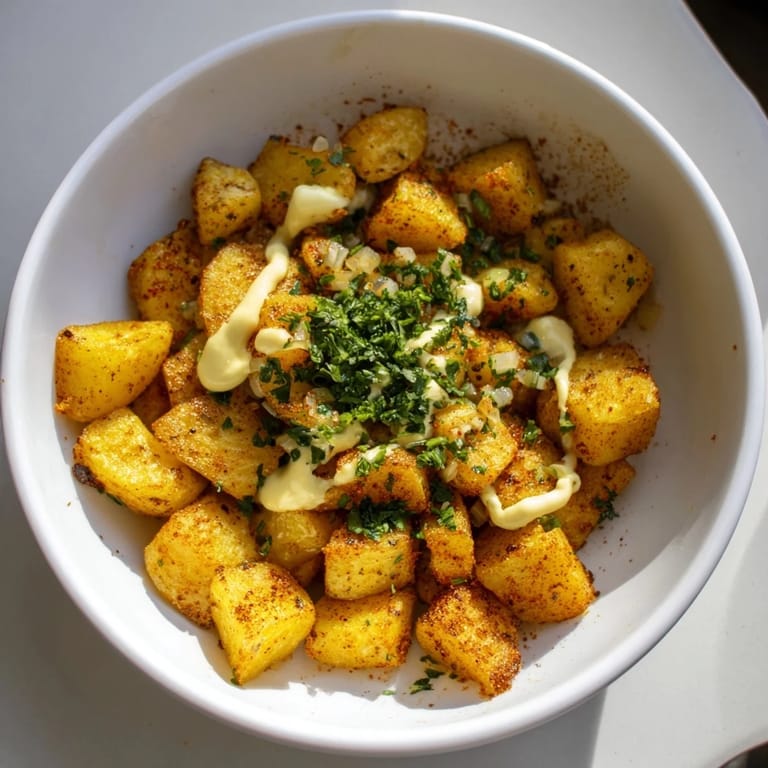 A close-up of beautifully roasted Merkén-Spiced Patatas Bravas, garnished with fresh parsley and aioli.