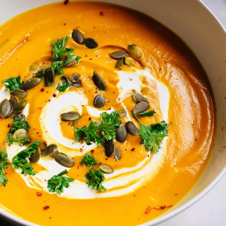 Close-up of a steaming bowl of Creamy Pumpkin & Curry Soup, revealing its rich, yellow color.