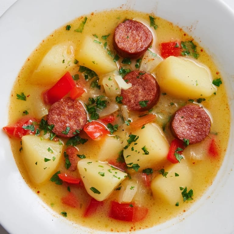 A steaming bowl of Quick Patatas a la Riojana, showcasing tender potatoes and smoky chorizo.