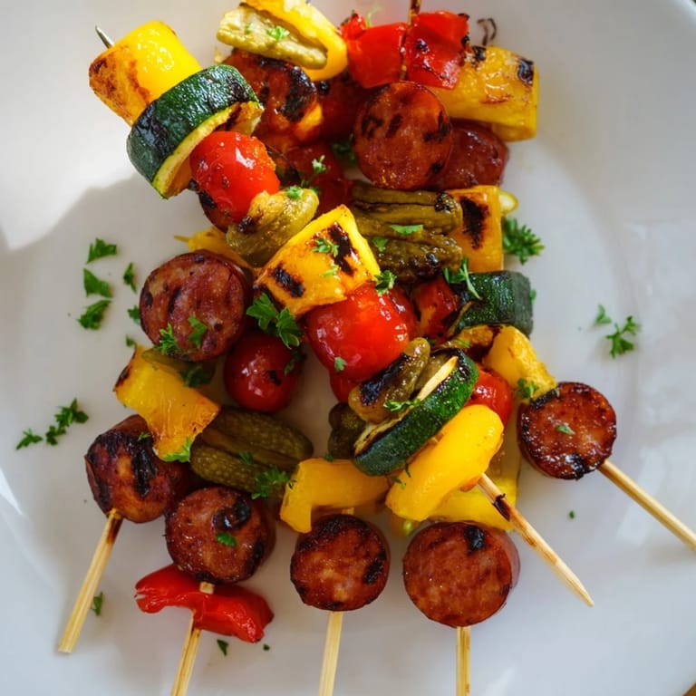 Close-up of Lightened Chorizo Appetizer Skewers, showcasing grilled chorizo and fresh vegetable pairings.