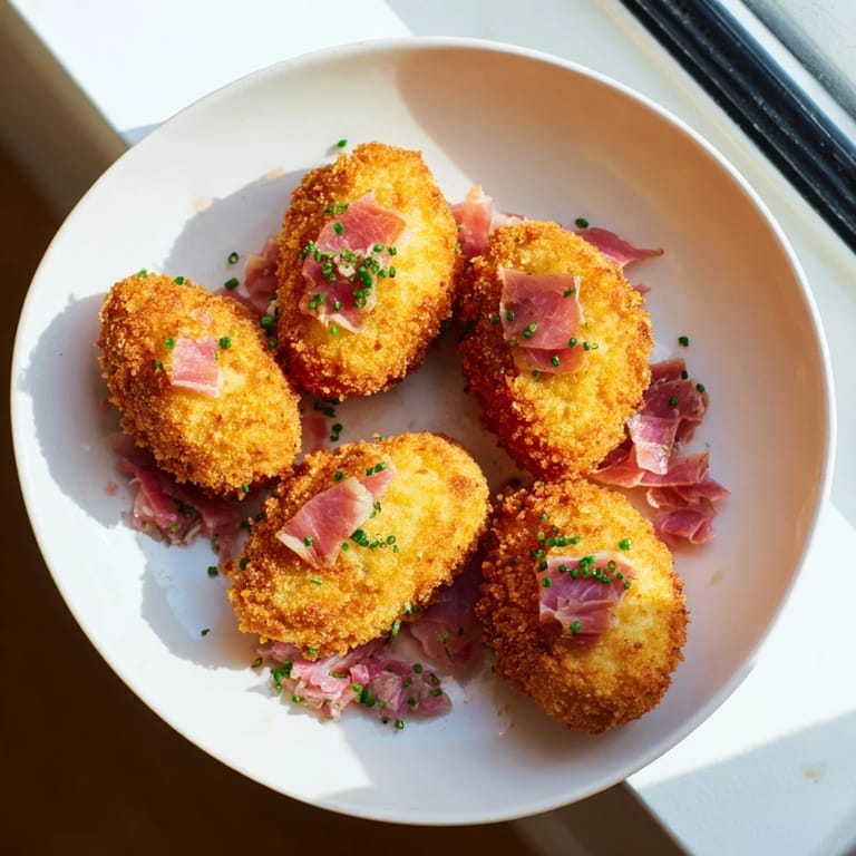 Crispy Lightened Croquetas de Jamón arranged on a platter, perfect for a Spanish appetizer course.