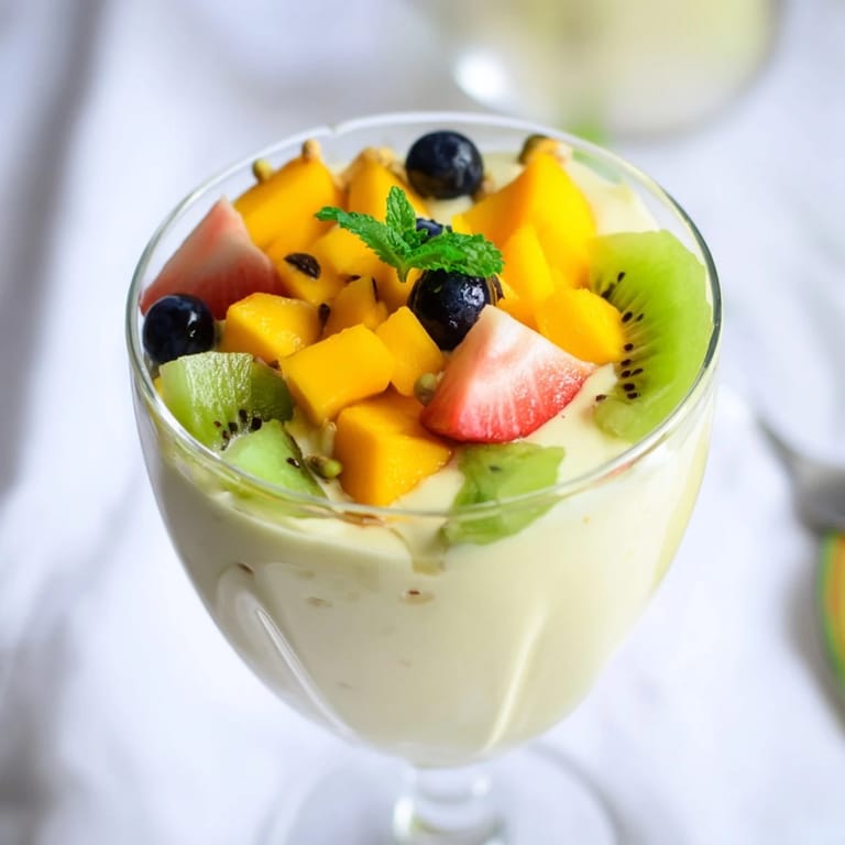 Layers of fresh fruit and whipped cream create beautiful Quick NataFruit Cups dessert.