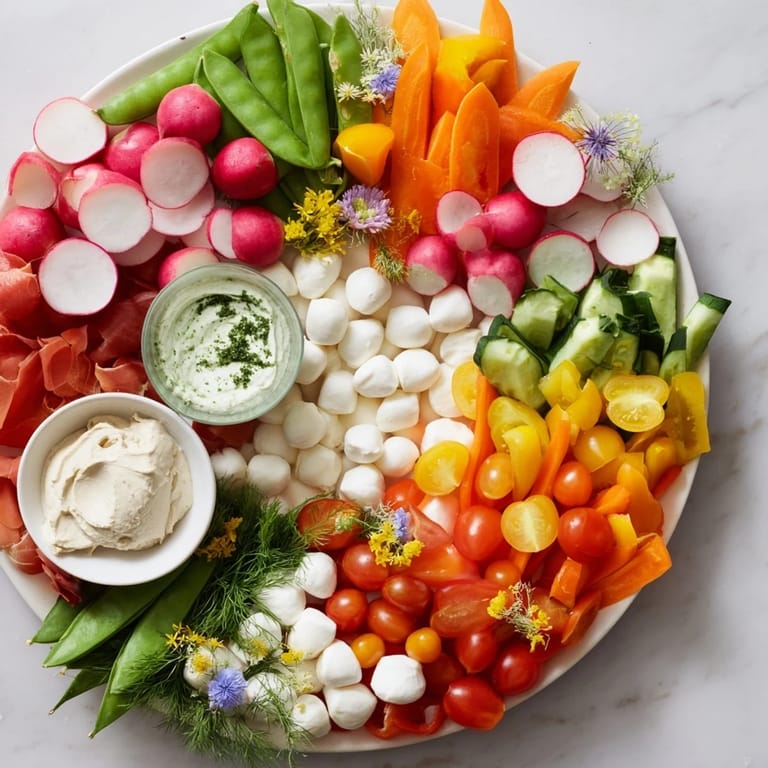 This Spring Wreath Appetizer Platter boasts colorful radishes, tomatoes, and cheeses ready for a party.
