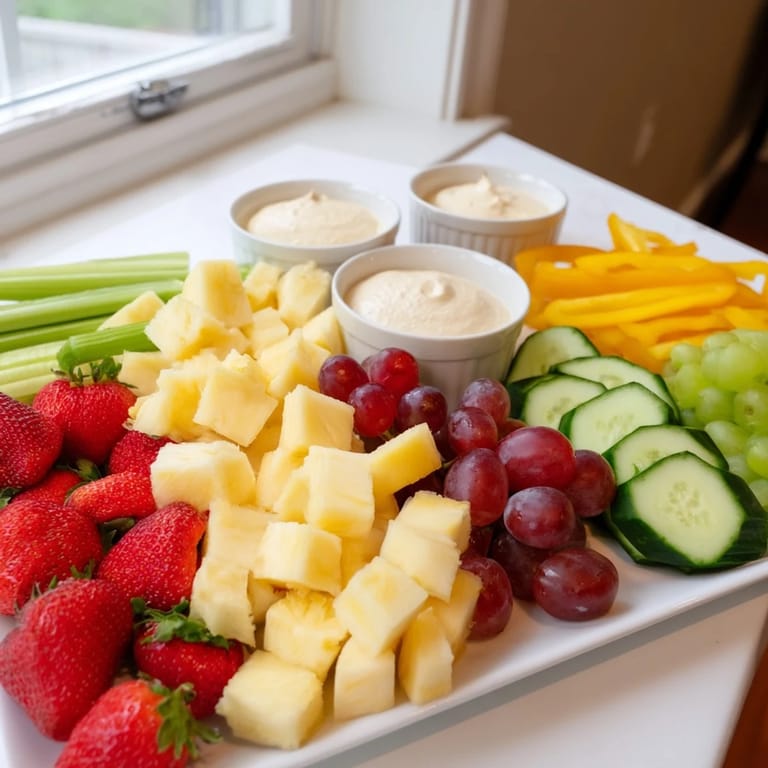 A colorful Sunshine Snack Tray overflowing with fresh fruits, veggies, cheeses, and dips, ready to serve.