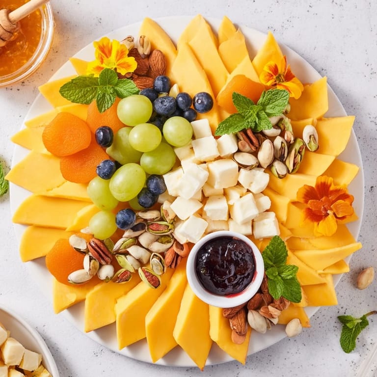 A beautifully arranged Daffodil Cheese Board with cheddar petals, Brie, and fresh fruit, ready to serve.