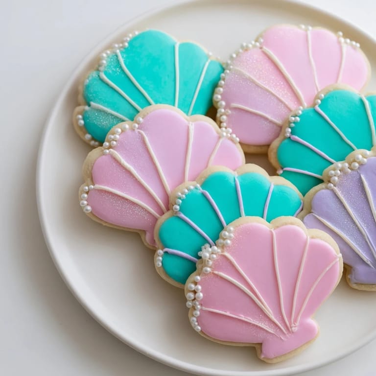 Delicate Seashell Sweets cookies shimmering with edible pearl sprinkles and pastel icing designs.