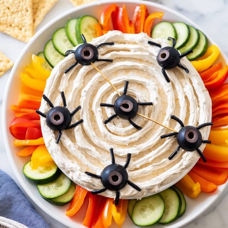Enjoy this festive Creepy Crawly Spiderweb Platter with crunchy vegetable dippers, a fun and delicious appetizer.