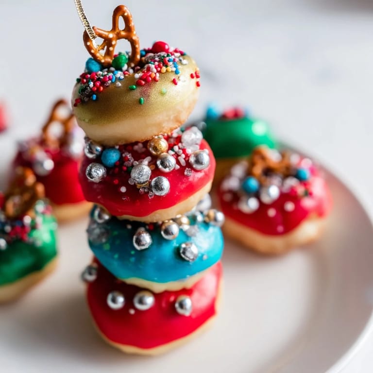 Edible Donut Stack Christmas Ornament Tower: close up of a colorful, glittering holiday dessert centerpiece.