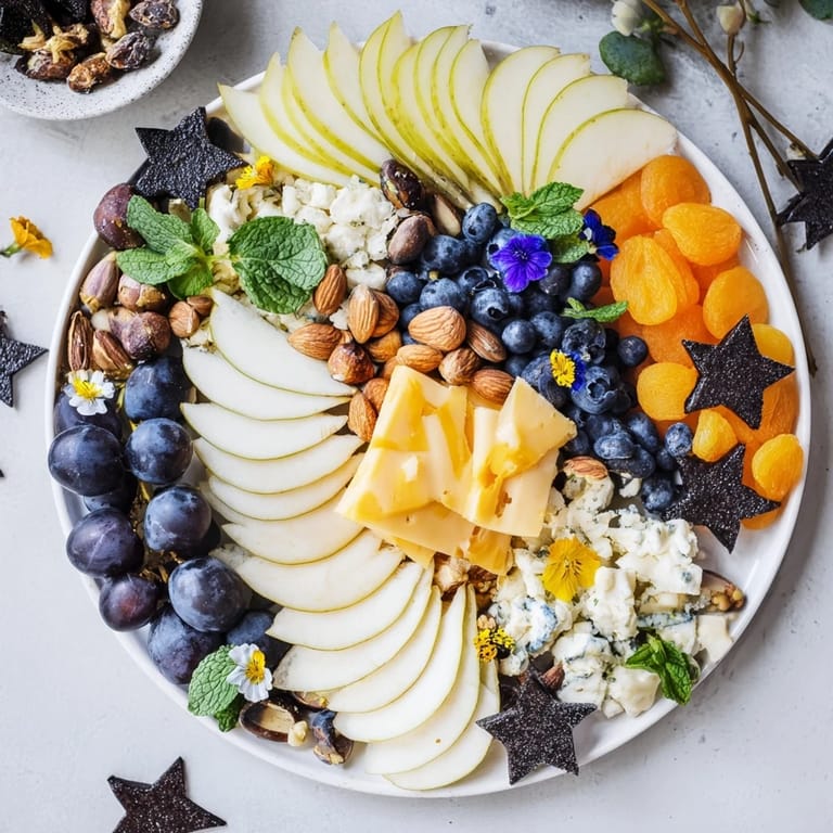 A vibrant Crescent Moon Midnight Snack Board, full of delicious cheeses, fruits, and nuts for sharing.