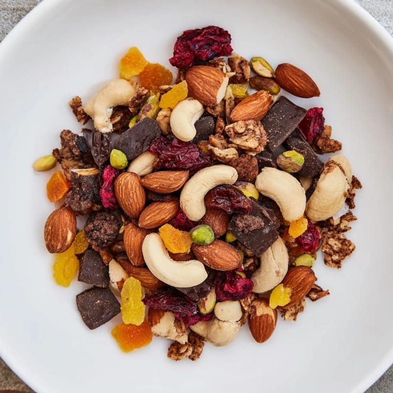 Close-up of Mountain High Adventure Snack Mix: a healthy mix of sweet and savory ingredients.