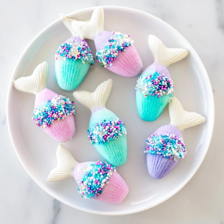Close-up of shimmering Mignardises Queue de Sirène, showing the colorful mermaid tail-shaped treats ready to eat.
