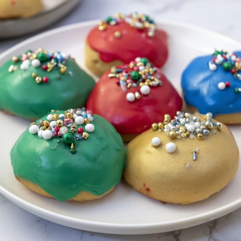 Freshly made Christmas Ornament Beignets, glistening with colorful icing and festive sprinkles, ready to be enjoyed.