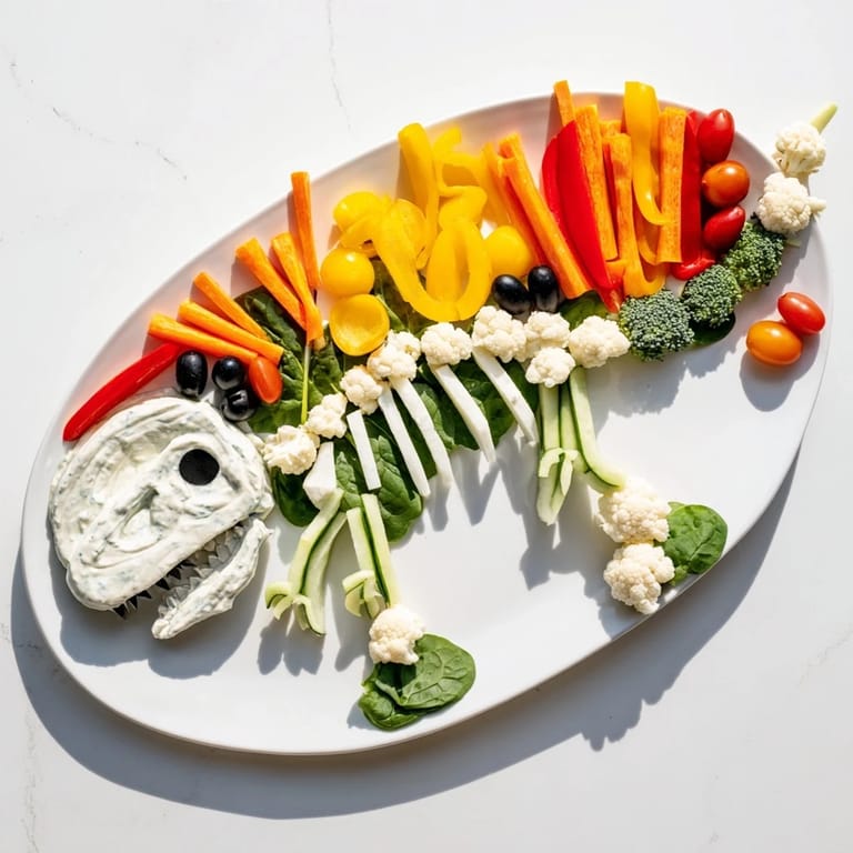 T-Rex Fossil Crudités arranged artfully as a prehistoric skeleton, a colorful and healthy appetizer for kids.