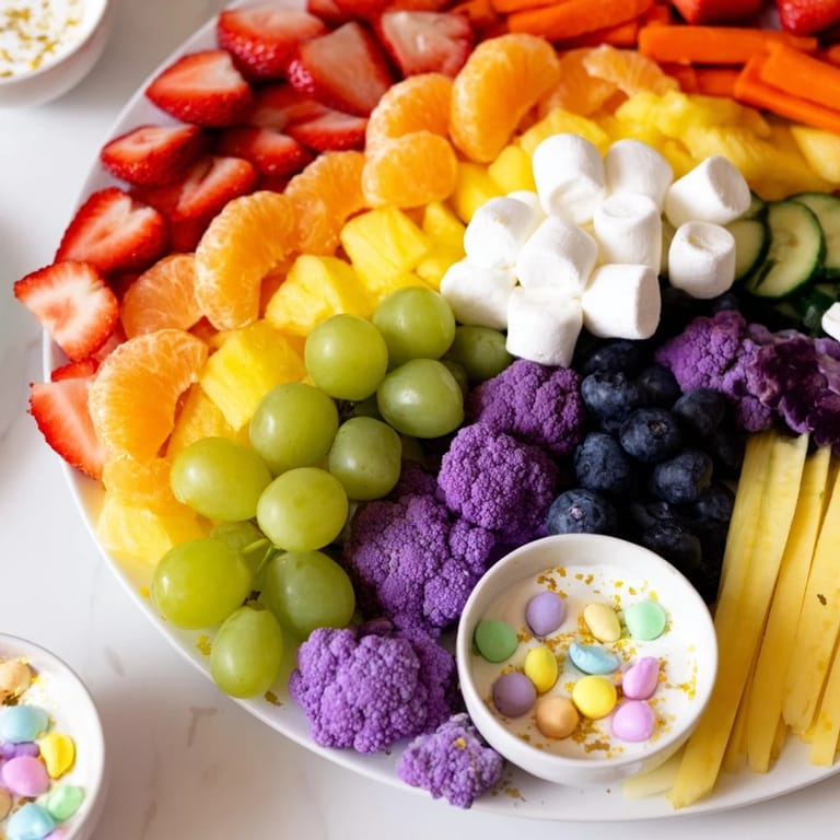 Vibrant Magical Unicorn Rainbow Snack Board: A visually stunning party snack board, arranged with a rainbow of fresh, colorful goodies.