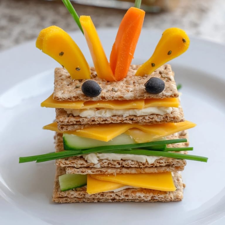 Enjoy a creative Giraffe Tall Cracker Stack, a playful snack with vibrant cheese and veggie layers.