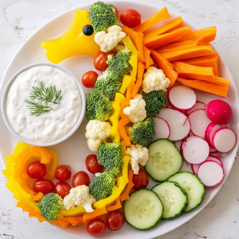Vibrant Seahorse Veggie Dip Platter featuring a whimsical arrangement of colorful vegetables perfect for a party.