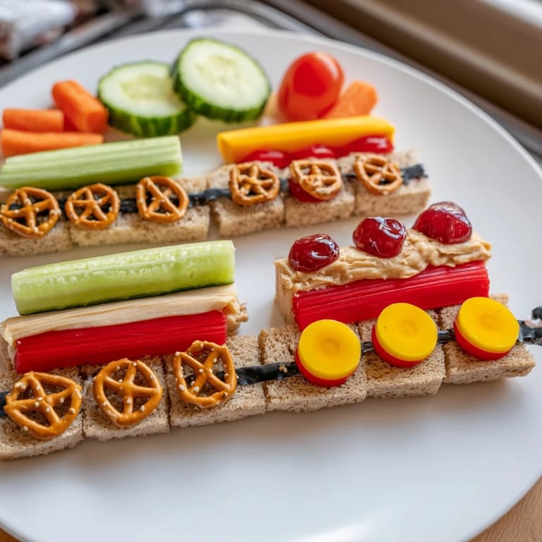 Colorful Train Track Sandwich Board lunch with creative train car sandwiches & veggie tracks.