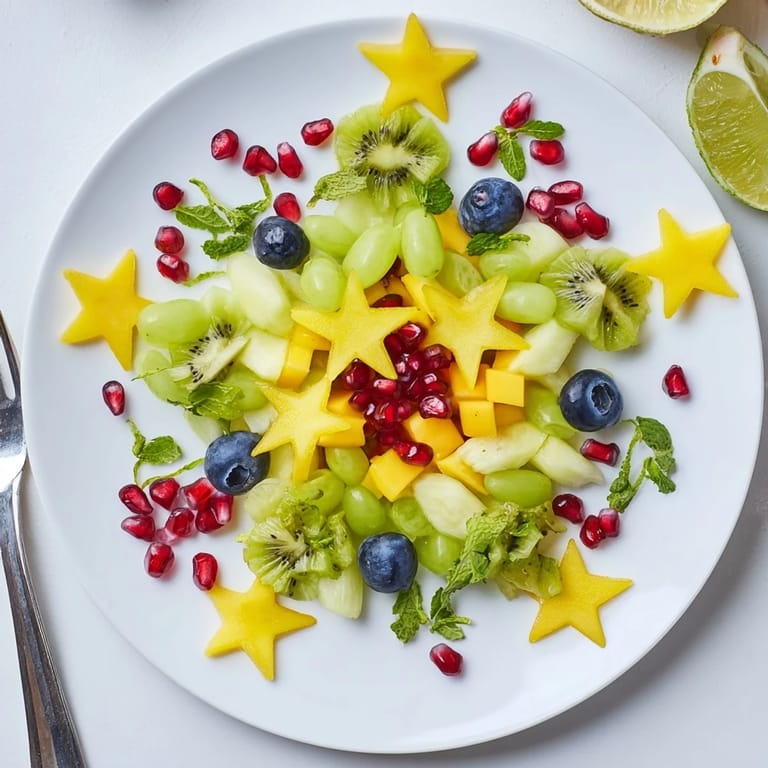 A beautiful Pomegranate and Mint Star Fruit Platter, ready to serve, showcasing starfruit and juicy, sweet pomegranate.