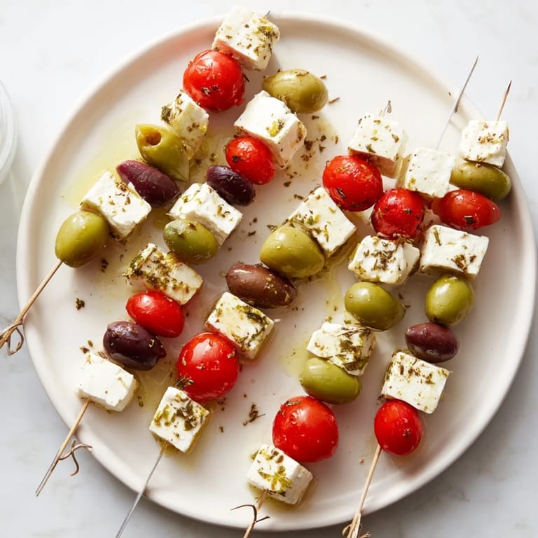 Mediterranean Holiday Cheers Olive and Feta Skewers: Close-up of flavorful skewers featuring feta, olives, and tomatoes, drizzled with olive oil, ideal for serving.