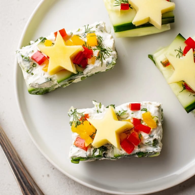 Vibrant Holiday Star Cucumber Bites: refreshing cucumber rounds topped with a zesty cream cheese mixture, ready to serve.