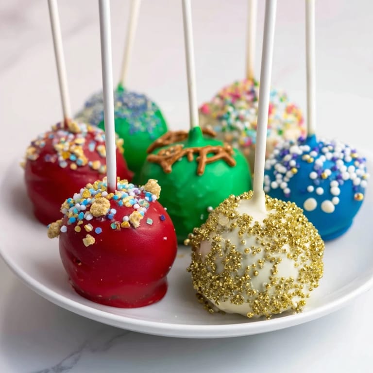 Close-up of vibrant ornament ball cake pops, a delicious American dessert treat to share.