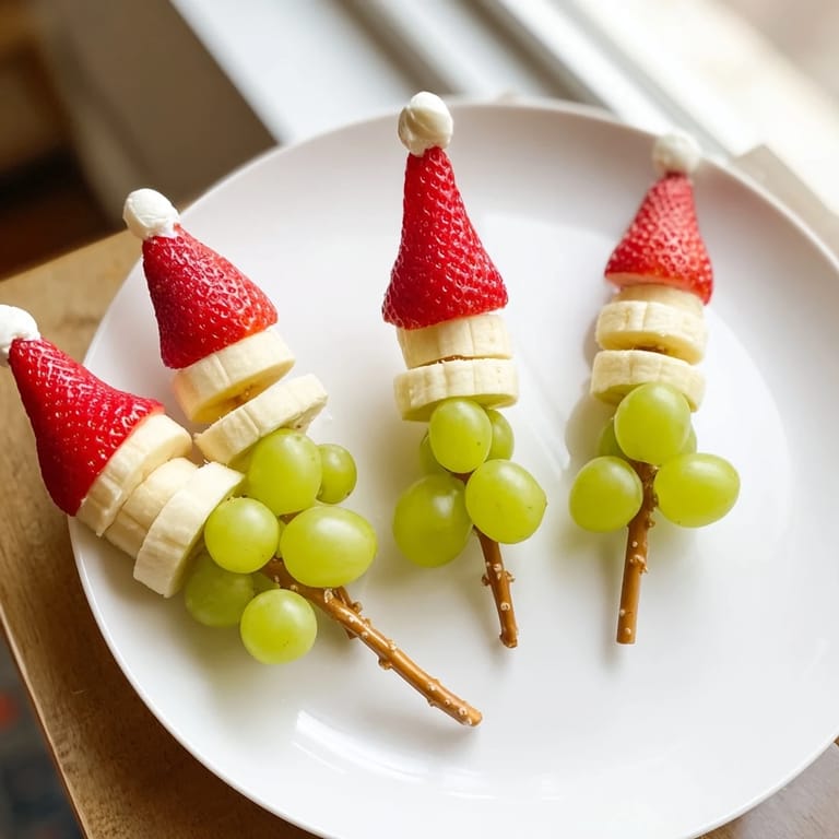 Sweet Elf Hat Strawberry Skewers, each with a strawberry hat, banana slice, and green grape topping.