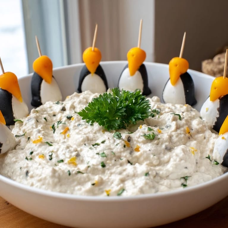 Festive Winter Dip: a close-up of the Mediterranean-inspired white bean dip with penguin garnishes.