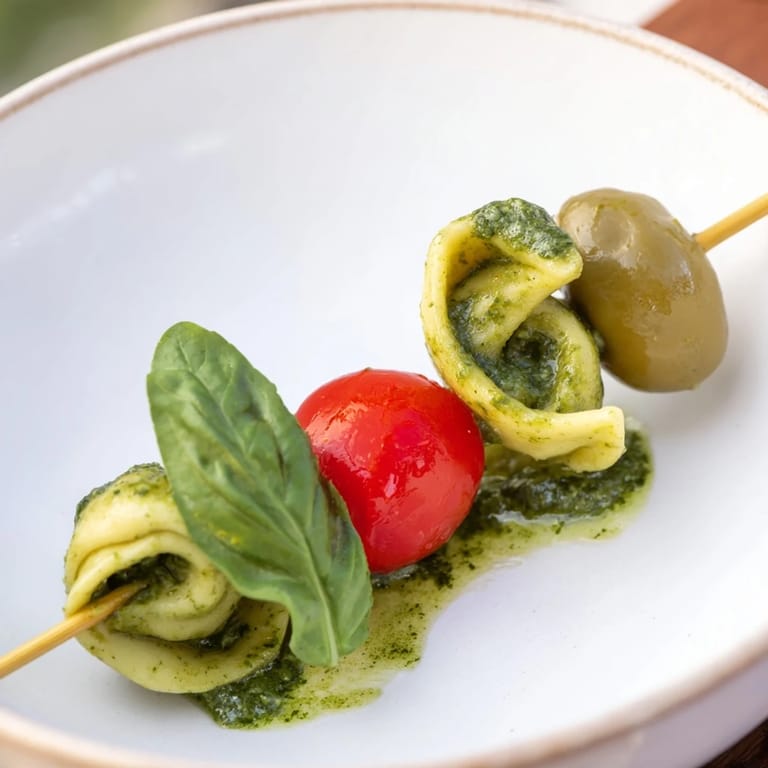Vibrant Appetizer Skewers showcasing tortellini, fresh pesto, olives, perfect for easy party serving.