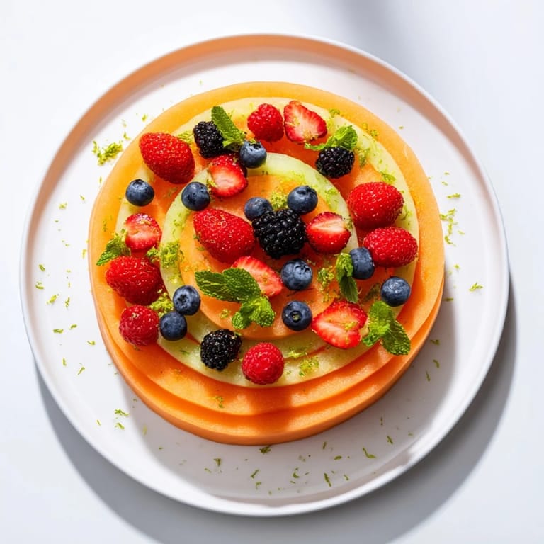 A visually appealing fruit platter with concentric circles of melon, strawberries, and blueberries.