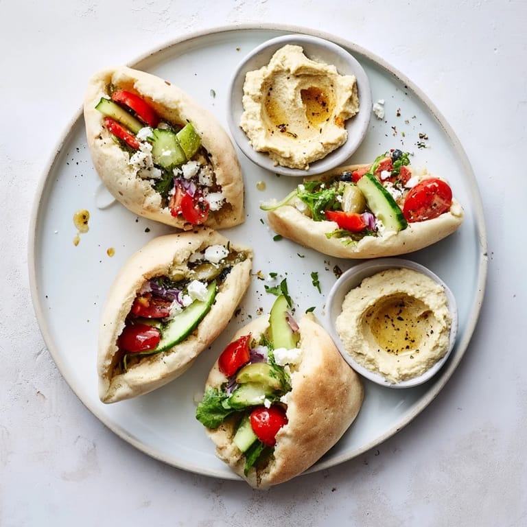 Colorful array: fresh vegetables and hummus alongside mini pita pockets for a savory board.