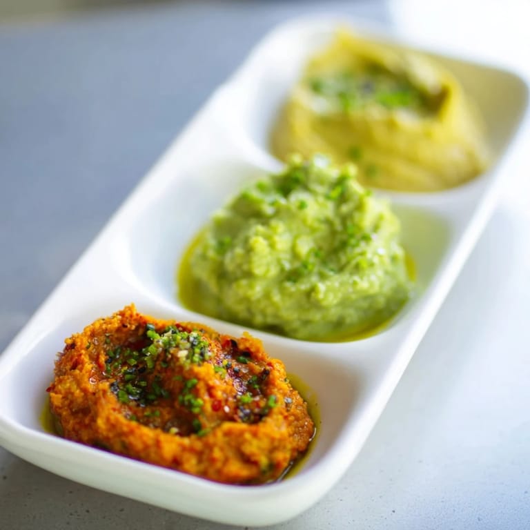 This dip trio offers a colorful assortment, including a delicious, rich turmeric hummus.