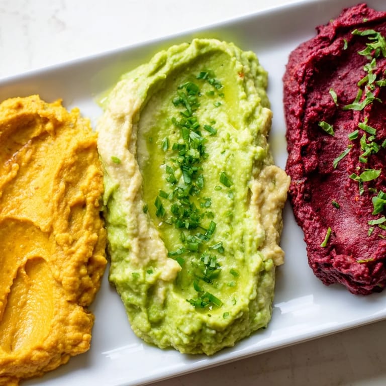 Three enticing dips: avocado, roasted red pepper, and turmeric hummus, perfect for sharing and dipping.