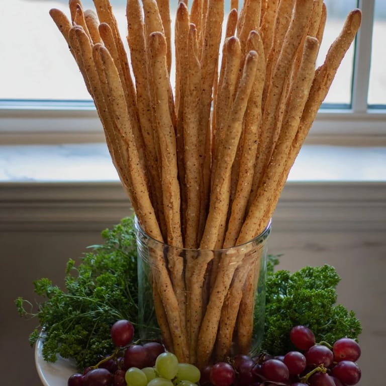 Vibrant The Vertical Forest appetizer: Tall breadsticks rising from greenery, a festive party snack.