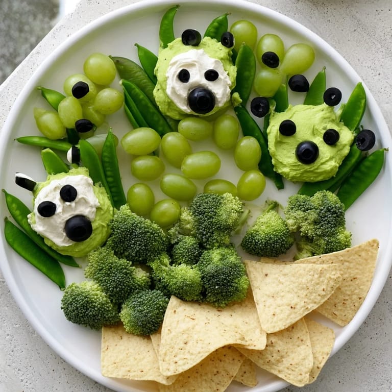 Attaque dExtraterrestres Snacks Verts: un plato divertido con verduras verdes y aderezos cremosos, listos para servir.