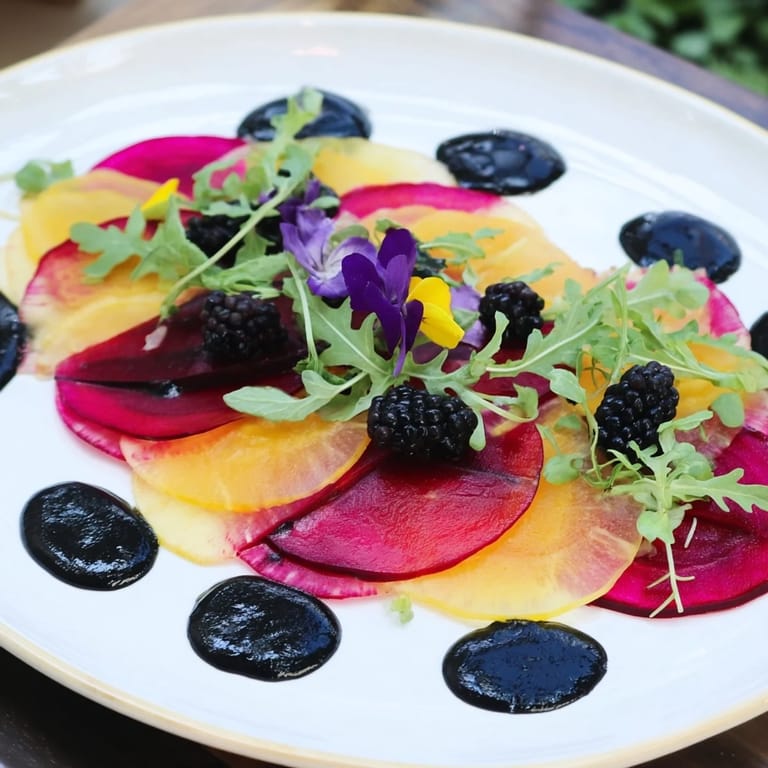 Thinly sliced beets and blackberries create the dramatic shadows in "The Shadow Play" dish.