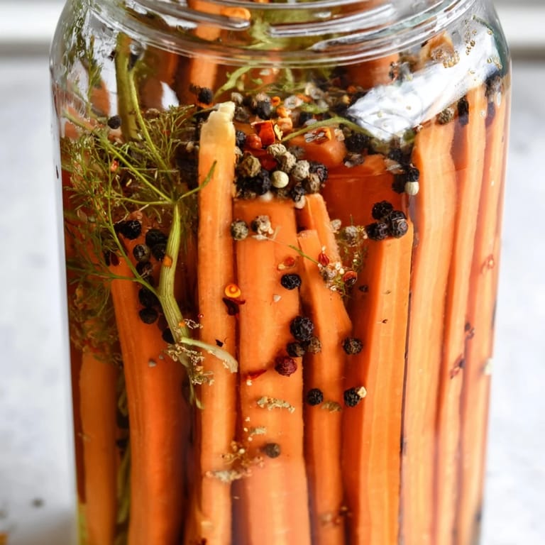 Close-up of Quick Pickled Carrot Spears, glistening with tangy brine and seasoned with spices.