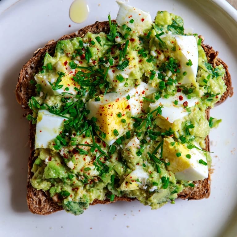 A close-up of avocado egg smash; the healthy and delicious breakfast toast topped with fresh herbs.