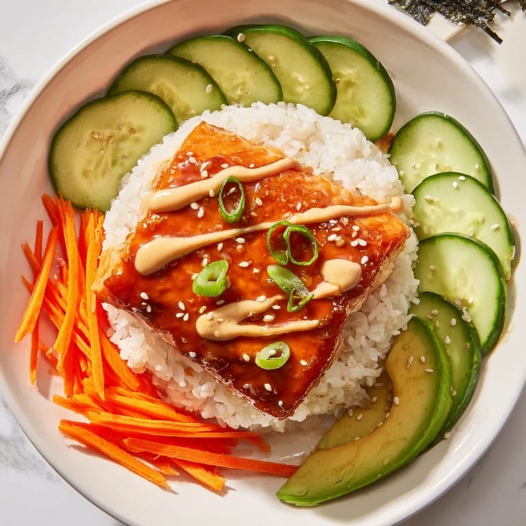 Un delicioso tazón de teriyaki hecho en casa, con salmón glaseado que se deshace en tu boca.