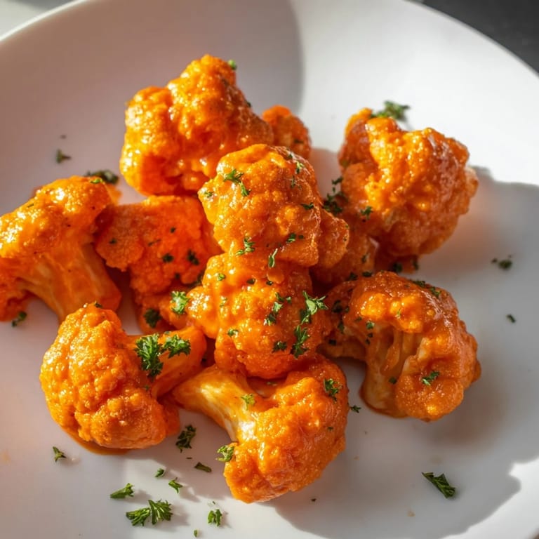 Golden-brown Buffalo Cauliflower Bites, perfect for game day or a vegan-friendly party platter.